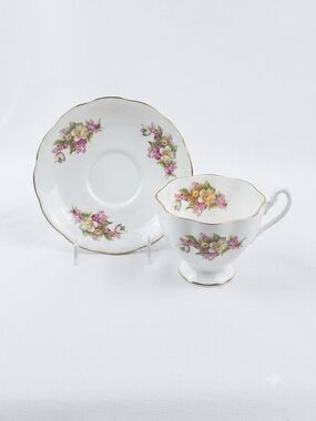 Vintage Floral Bone China Teacup & Saucer - White with Pink & Yellow Flowers